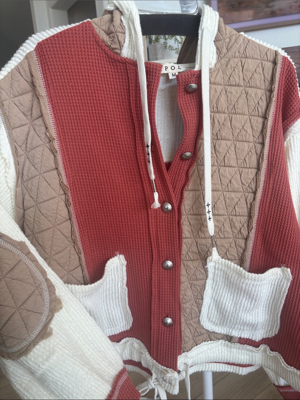 POL Quilted & Knit Hooded Cardigan Sweater - Rust, Tan & Cream - Picture 5 of 5